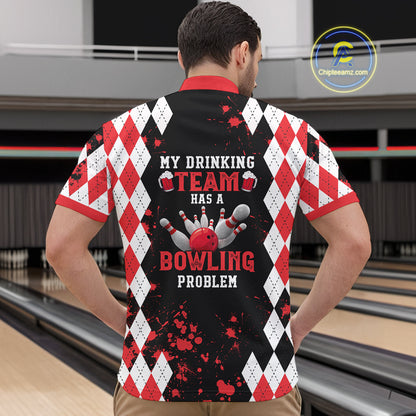 Red argyle pattern Retro Bowling Shirts For Men Custom My drinking team has a bowling problem NQS9825