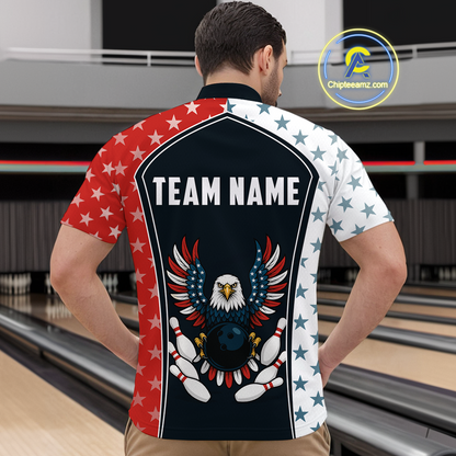 Eagel US Flag Bowling Custom Men Bowling Shirt Polo & Quarter-Zip Bowling Team Jerseys HNT57