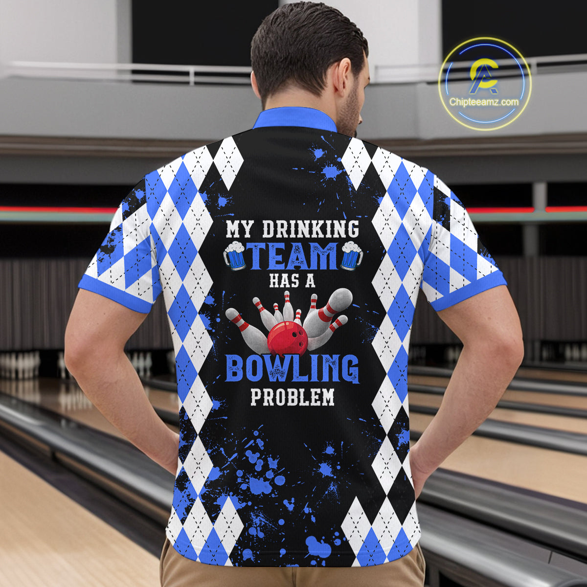 Blue argyle pattern Retro Bowling Shirts For Men Custom My drinking team has a bowling problem NQS9824