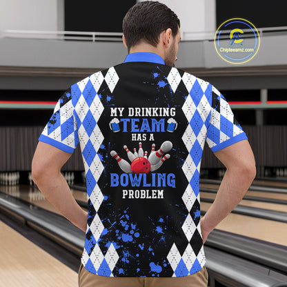 Blue argyle pattern Retro Bowling Shirts For Men Custom My drinking team has a bowling problem NQS9824