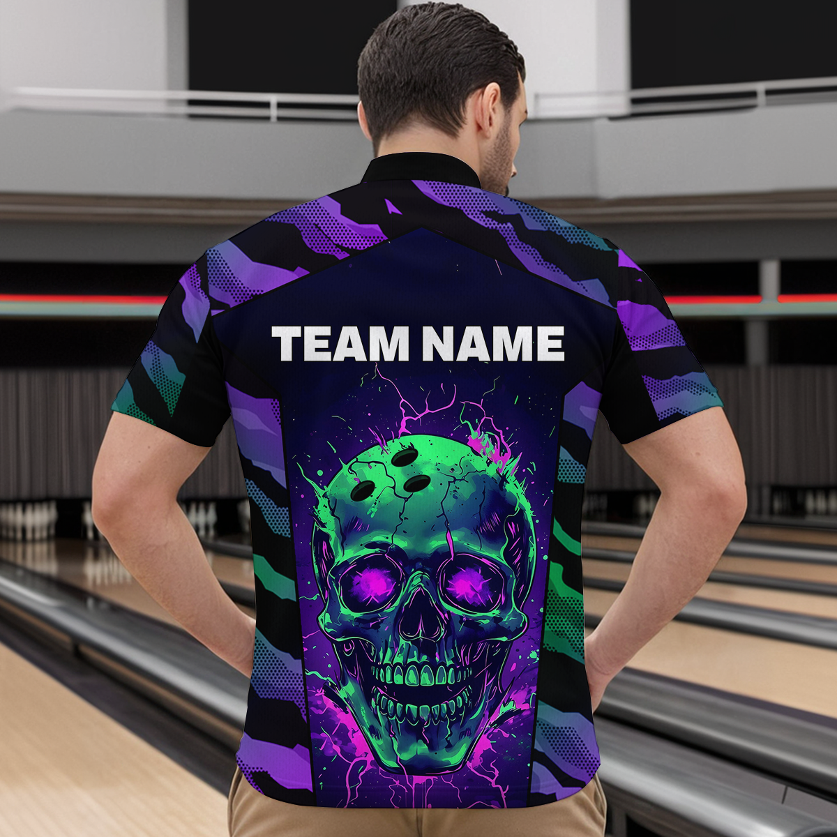 Black & Purple Skull Bowling Jersey Custom Quarter-Zip Bowling Team Shirt for Men Women QZT675