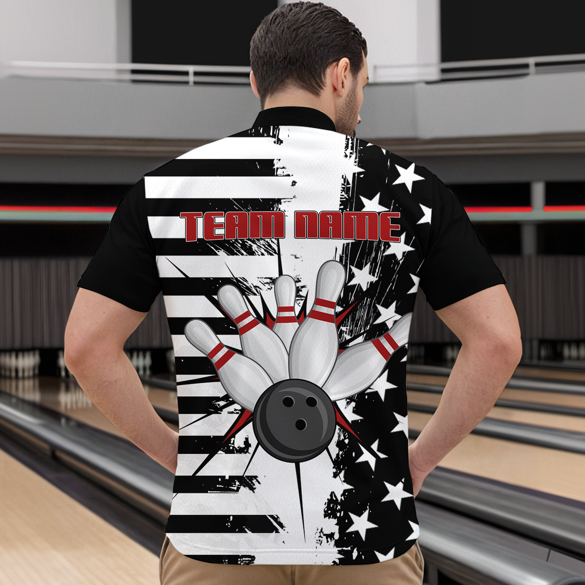 American Flag Bowling Shirt for Men Women Team Bowling Jersey Bowling Polo&1/4 Zip MBL18