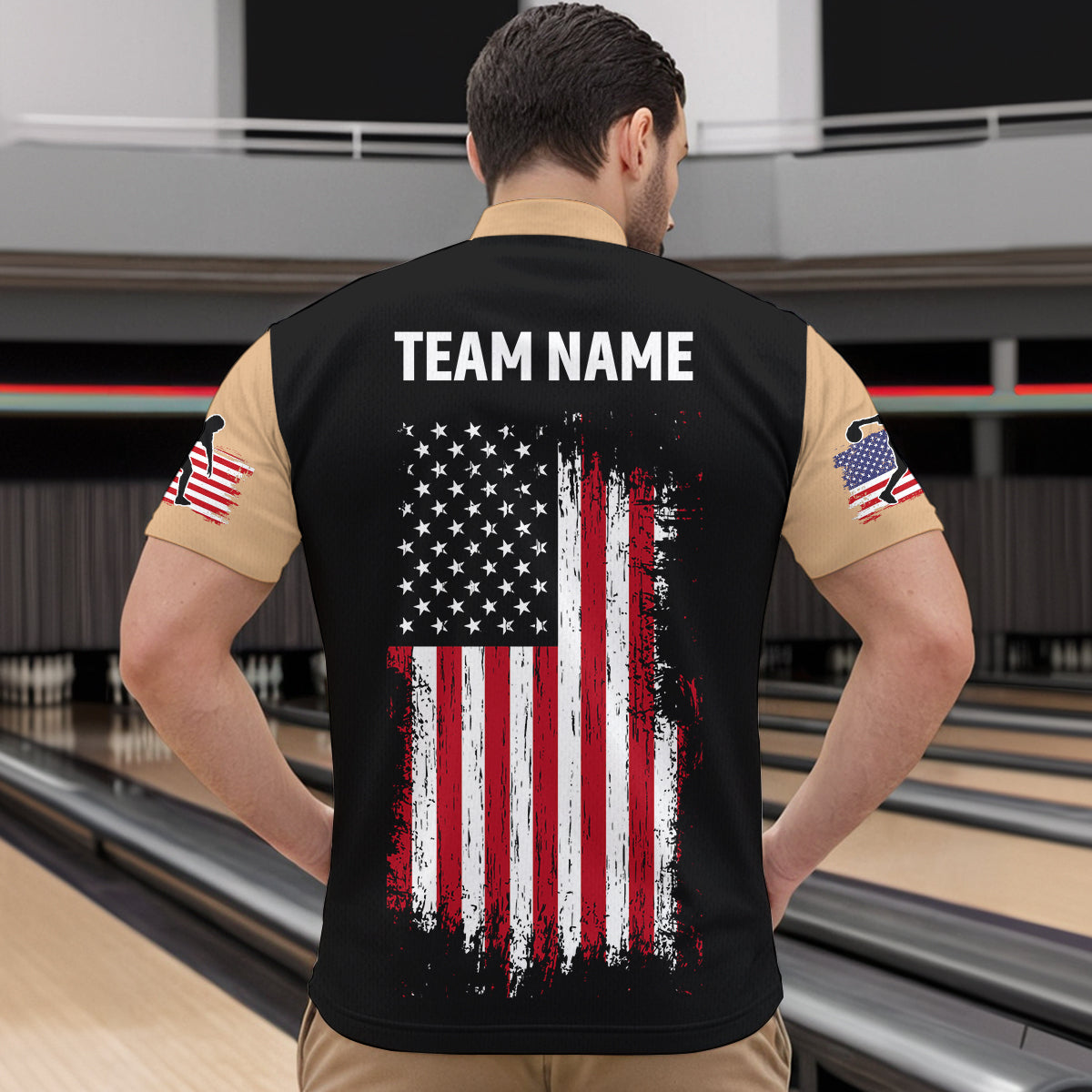 American Flag Brown Bowling Shirts for Men Women Team Bowling Jersey Polo & 1/4 Zip MBL17