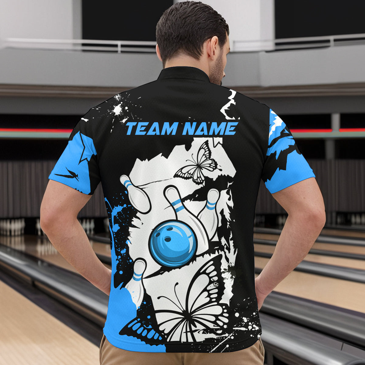 Custom Blue Butterflies Bowling Shirt for Men Women Team Bowling Polo&Quater Zip MBL76