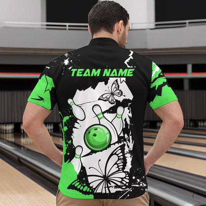 Custom Green Butterflies Bowling Shirt for Men Women Team Bowling Polo&Quater Zip MBL76