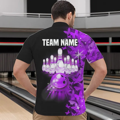 Purple Butterfly Bowling Shirts For Men Women Custom 1/4 Zip Bowling Jersey Team BDT505
