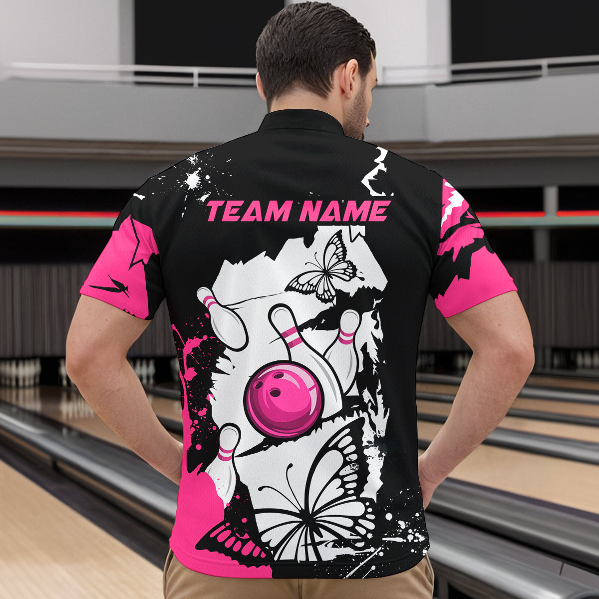 Custom Pink Butterflies Bowling Shirt for Men Women Team Bowling Polo&Quater Zip MBL76