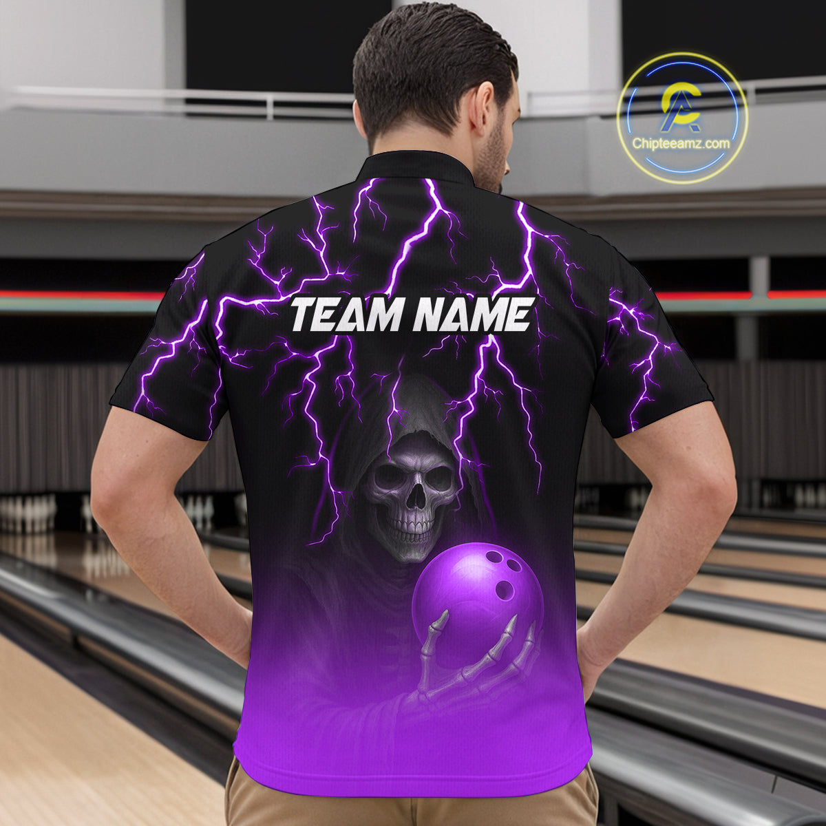 Custom Purple Thunder Skeleton Bowling Jersey for Men Bowling Polo & 1/4 Zip Bowling Team Shirts HNT108