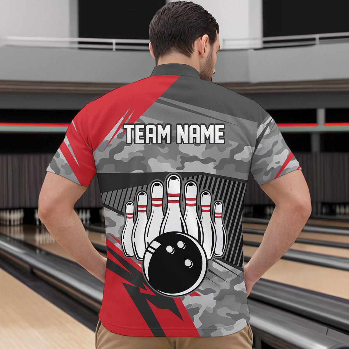 Red Camo Bowling Shirts for Women Men Custom Team Bowling Polo & 1/4 Zip Shirt MBL61