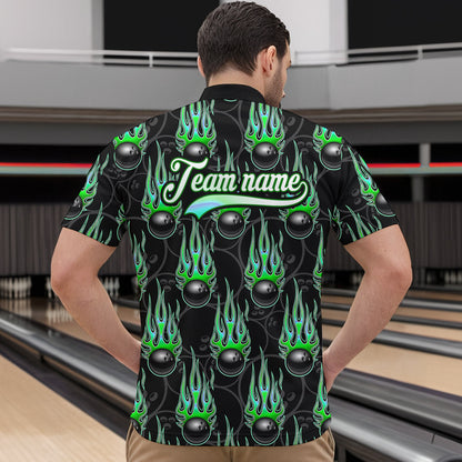 Black Bowling Ball Camo Green Flame Bowling Polo, 1/4 Zip Shirt for Men Custom Bowling Team Jersey NQS9479