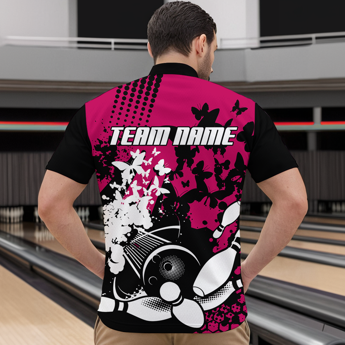 Custom Pink Butterflies Bowling Shirts for Men Women Bowling Jersey Team Name MBL79