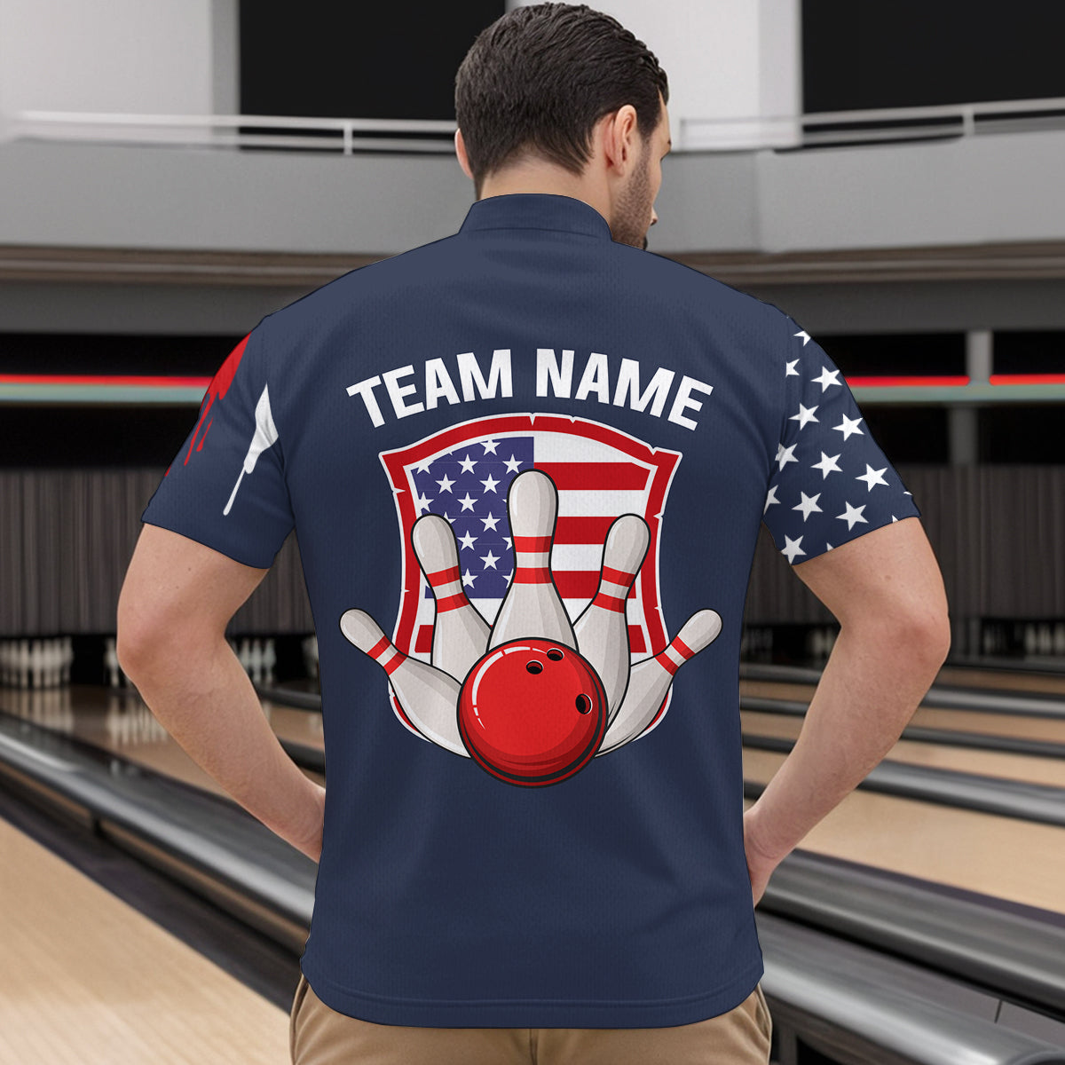 American Flag Bowling Shirt Patriotic Bowling Jersey for Men Women Bowling Polo&1/4 Zip MBL25