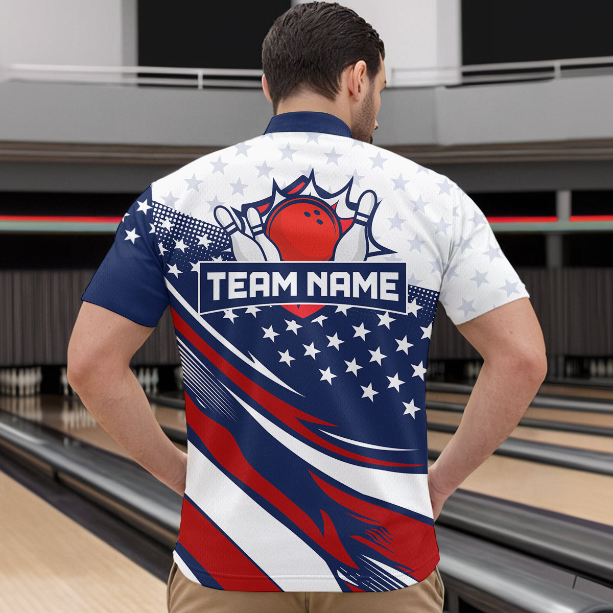 American Flag Bowling Custom Men Bowling Shirt Polo & Quarter-Zip Bowling Team Jerseys HNT50