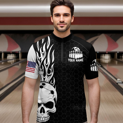 Custom Bowling 1/4-Zip Shirt for Men Women Skull Bowling Jersey Bowling Team League QZT47-4