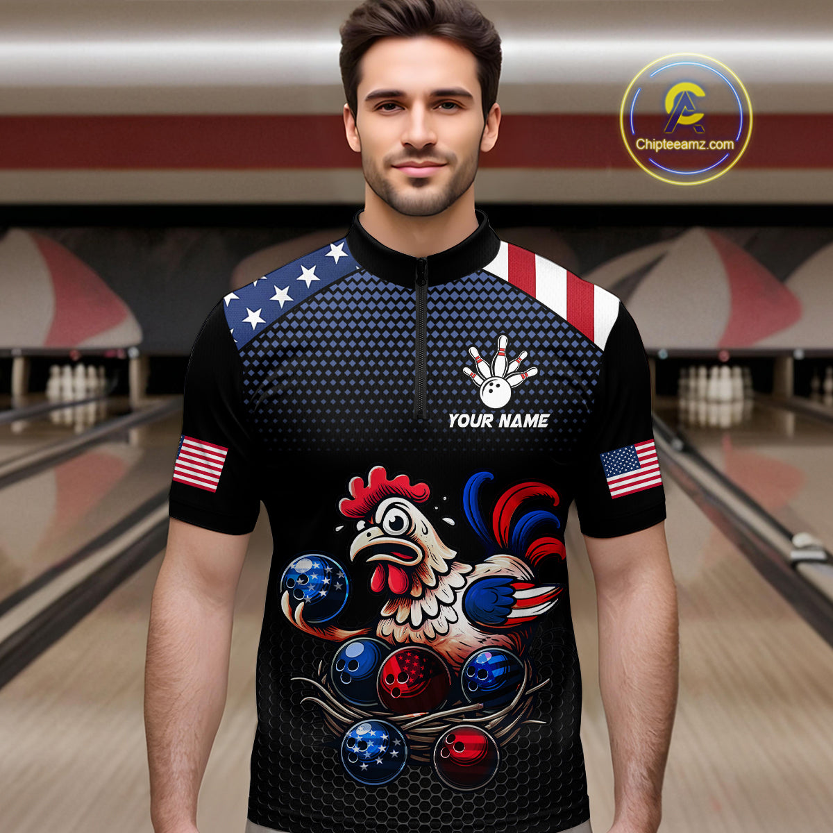 Custom American Flag Funny Chicken Bowling Team Jersey for Men Polo Bowling Shirt Unisex QZT710