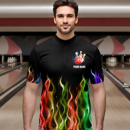 Rainbow Flame Bowling Jersey For Men Personalized Bowling Team Shirts Bowling Quarter-Zip Shirt BDT324
