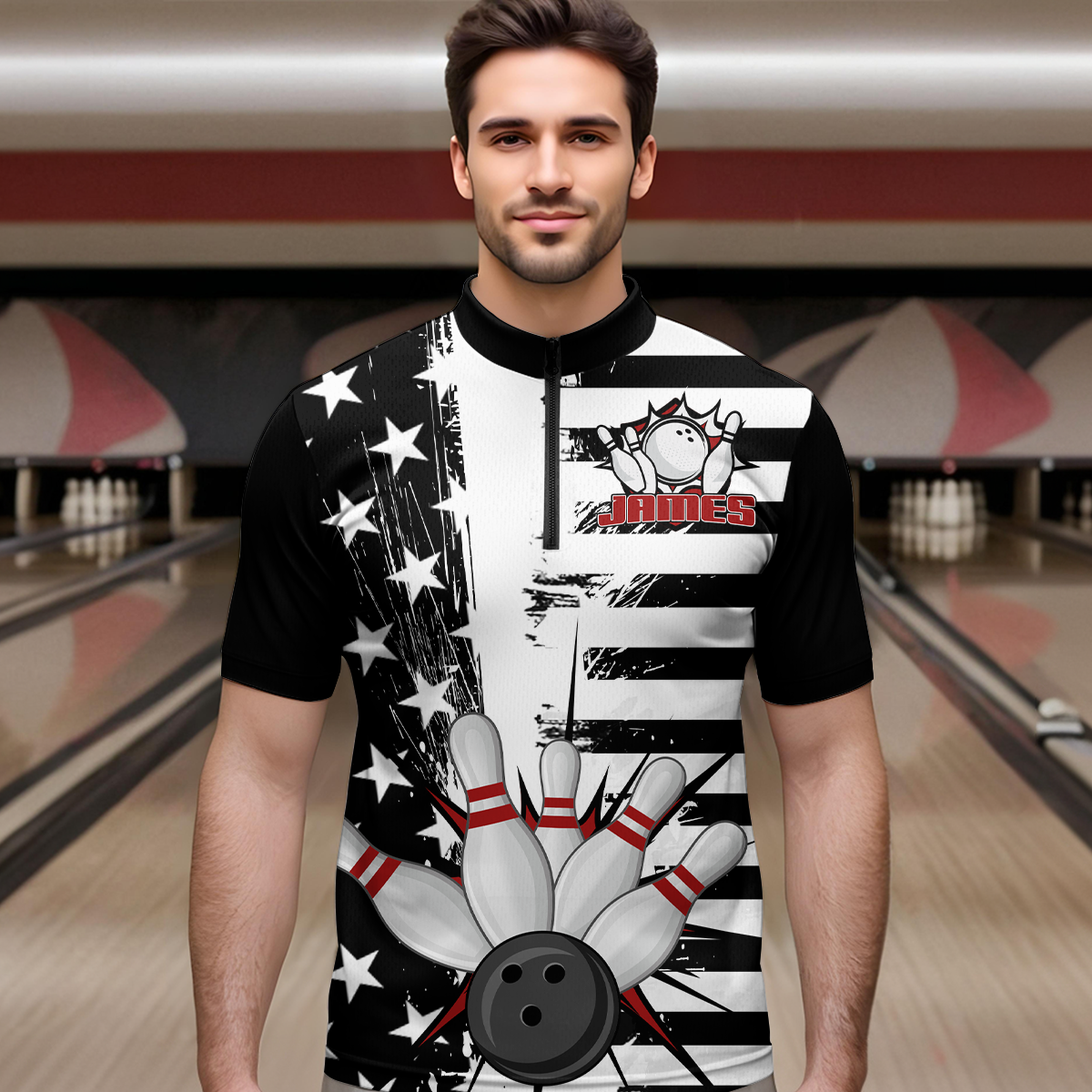 American Flag Bowling Shirt for Men Women Team Bowling Jersey Bowling Polo&1/4 Zip MBL18