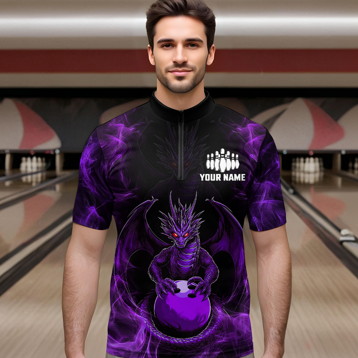 Purple Dragon Custom Name Bowling Shirts For Men, Bowling Team Jersey Polo & Quarter-Zip Shirt HNT39