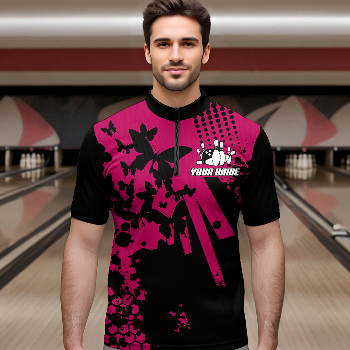 Custom Pink Butterflies Bowling Shirts for Men Women Bowling Jersey Team Name MBL79