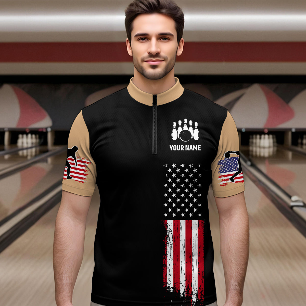American Flag Brown Bowling Shirts for Men Women Team Bowling Jersey Polo & 1/4 Zip MBL17