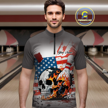 Load image into Gallery viewer, Custom American Flag Skull Flame Bowling Men Polo &amp; 1/4 Zip Shirts Bowling Team Jerseys HNT91
