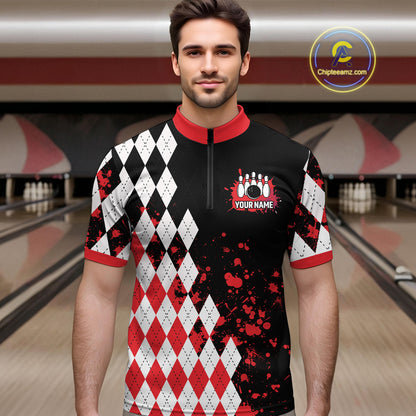 Red argyle pattern Retro Bowling Shirts For Men Custom My drinking team has a bowling problem NQS9825