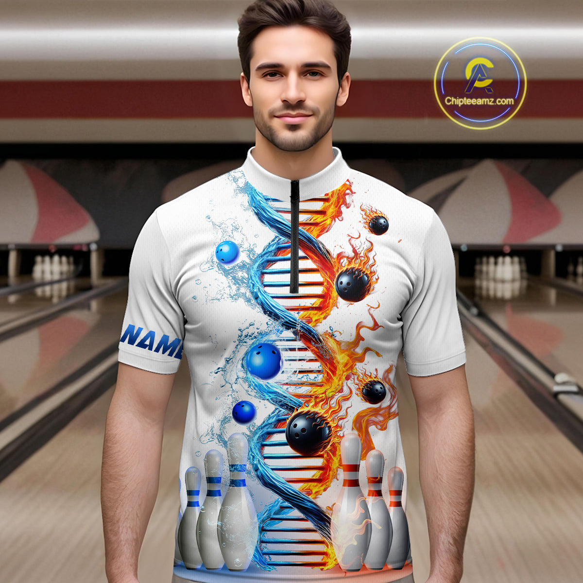 Man wearing custom ice and fire DNA bowling quarter-zip shirt, front view mockup, personalized bowling league jersey.
