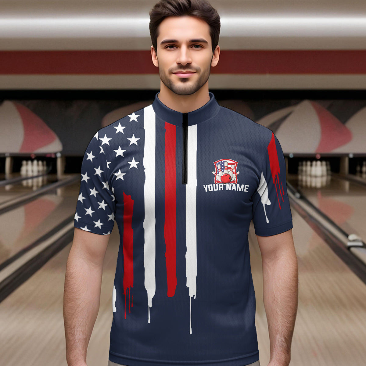 American Flag Bowling Shirt Patriotic Bowling Jersey for Men Women Bowling Polo&1/4 Zip MBL25