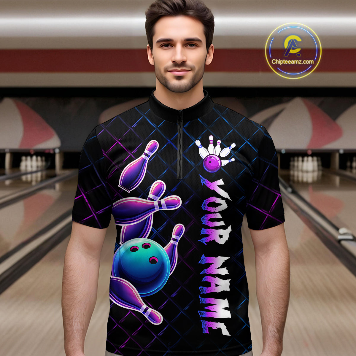 Neon Bowling Custom Men Bowling Shirt Polo & Quarter-Zip Bowling Team Jerseys HNT70