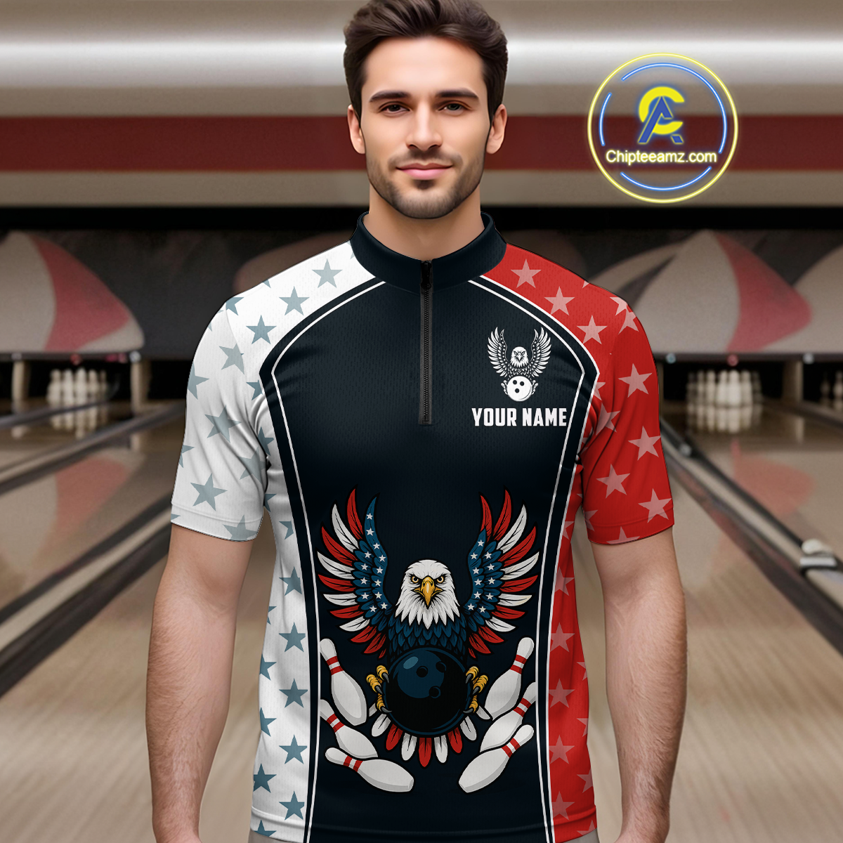 Eagel US Flag Bowling Custom Men Bowling Shirt Polo & Quarter-Zip Bowling Team Jerseys HNT57