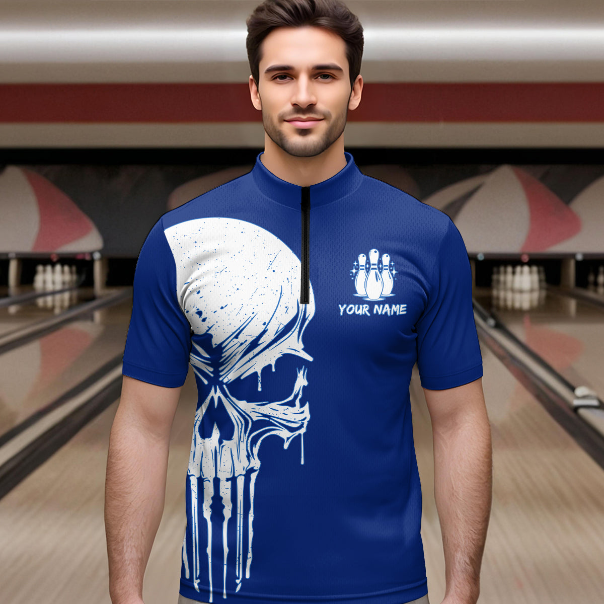 Custom Skull Bowling Shirt Blue Bowling Jersey for Men Women Team Polo&1/4 Zip MBL58