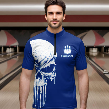 Custom Skull Bowling Shirt Blue Bowling Jersey for Men Women Team Polo&1/4 Zip MBL58