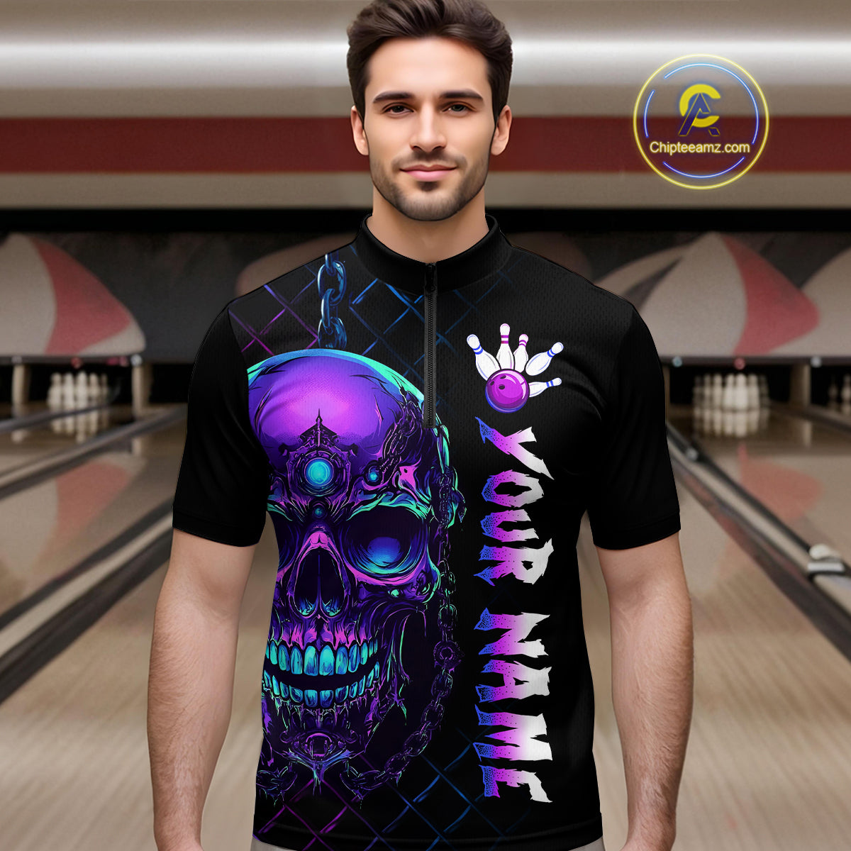 Purple Skull Bowling Custom Men Bowling Shirt Polo & Quarter-Zip Bowling Team Jerseys HNT51