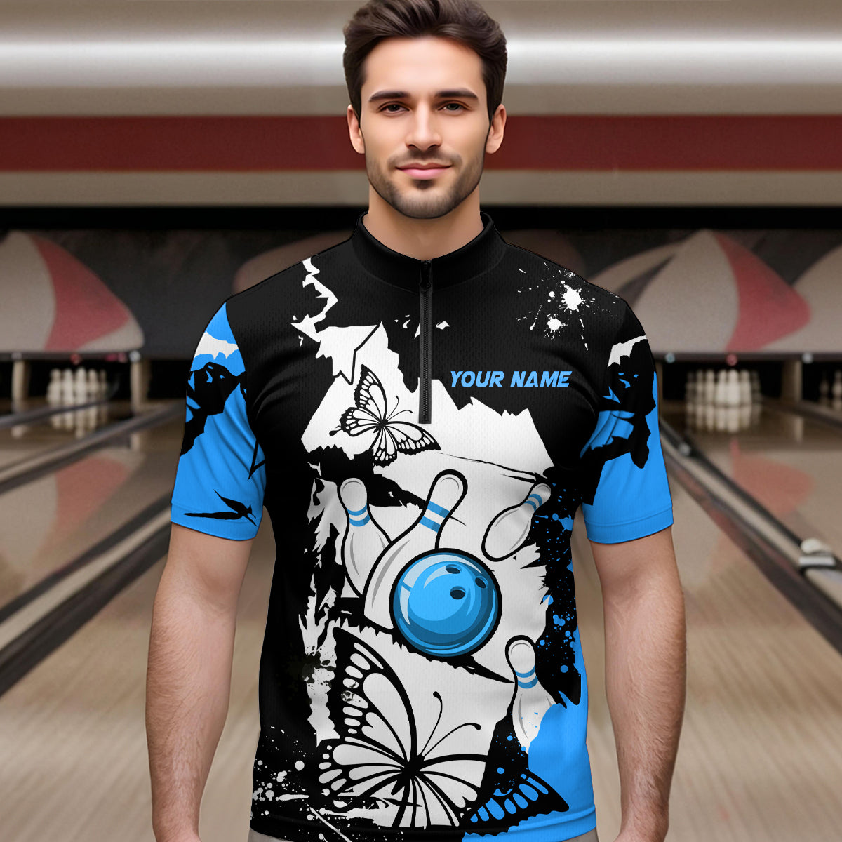 Custom Blue Butterflies Bowling Shirt for Men Women Team Bowling Polo&Quater Zip MBL76