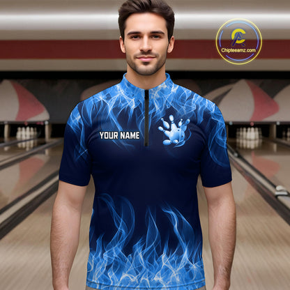 Custom Blue Flame Bowling Jersey for Men Bowling Uniform Polo & 1/4 Zip Bowling Team Shirts HNT106