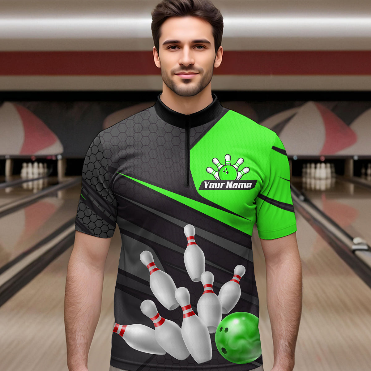 Green Bowling Shirt for Men&Women Team Bowling Jersey Colorful Bowling Polo & 1/4 Zip MBL49