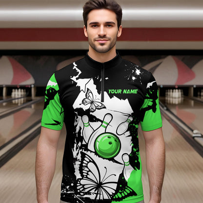 Custom Green Butterflies Bowling Shirt for Men Women Team Bowling Polo&Quater Zip MBL76
