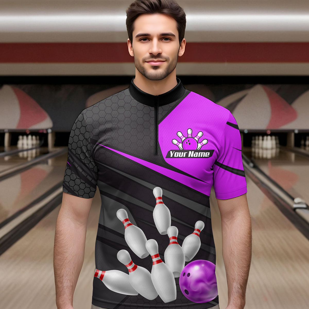 Purple Bowling Shirt for Men&Women Team Bowling Jersey Colorful Bowling Polo & 1/4 Zip MBL49