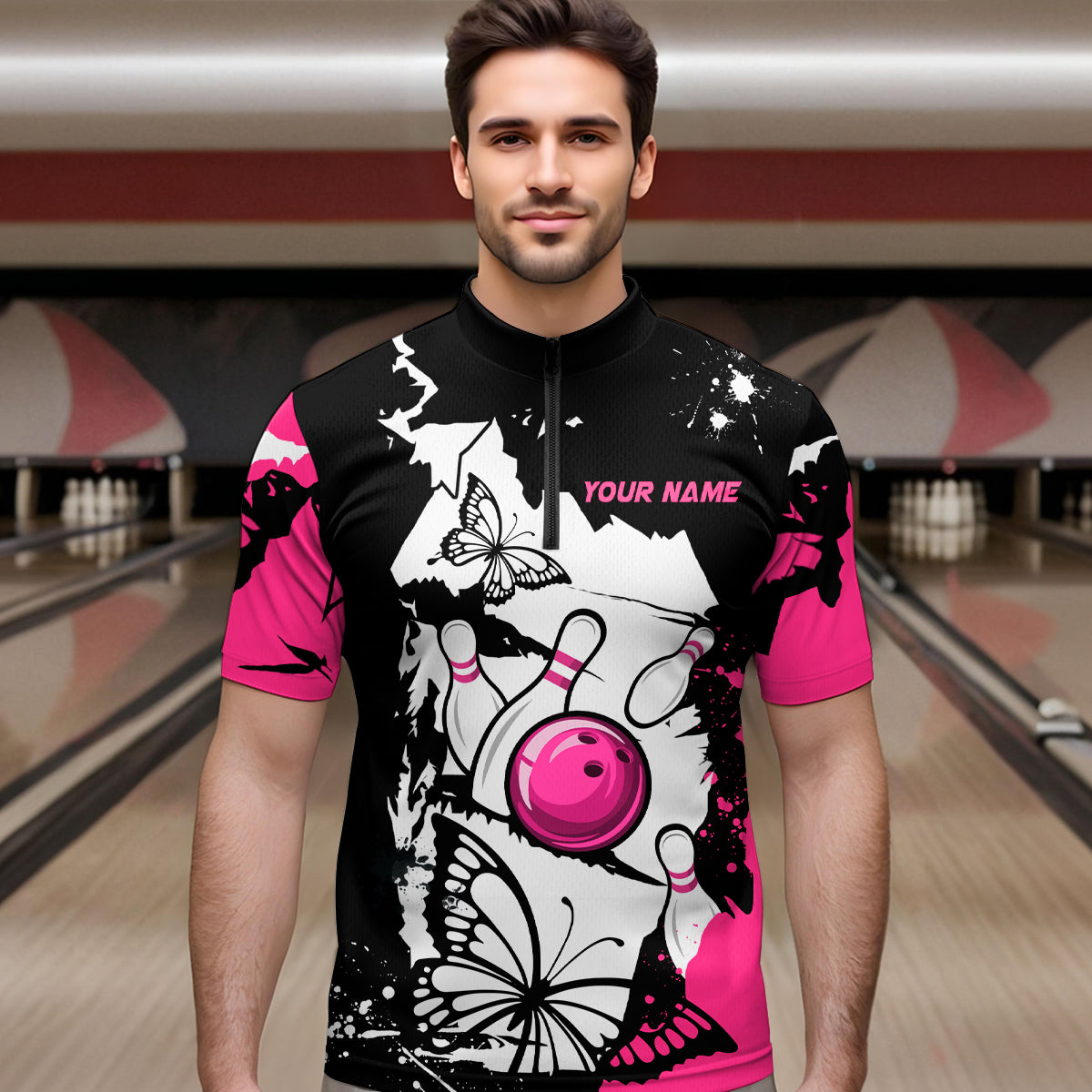 Custom Pink Butterflies Bowling Shirt for Men Women Team Bowling Polo&Quater Zip MBL76