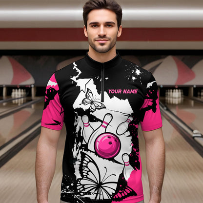 Custom Pink Butterflies Bowling Shirt for Men Women Team Bowling Polo&Quater Zip MBL76