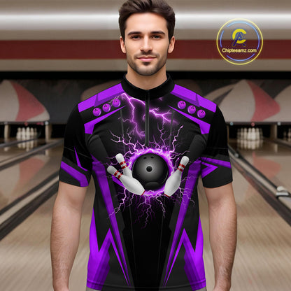 Black Men bowling Polo, 1/4 Zip shirt Custom lightning thunder team league bowling jersey | Purple NQS10375