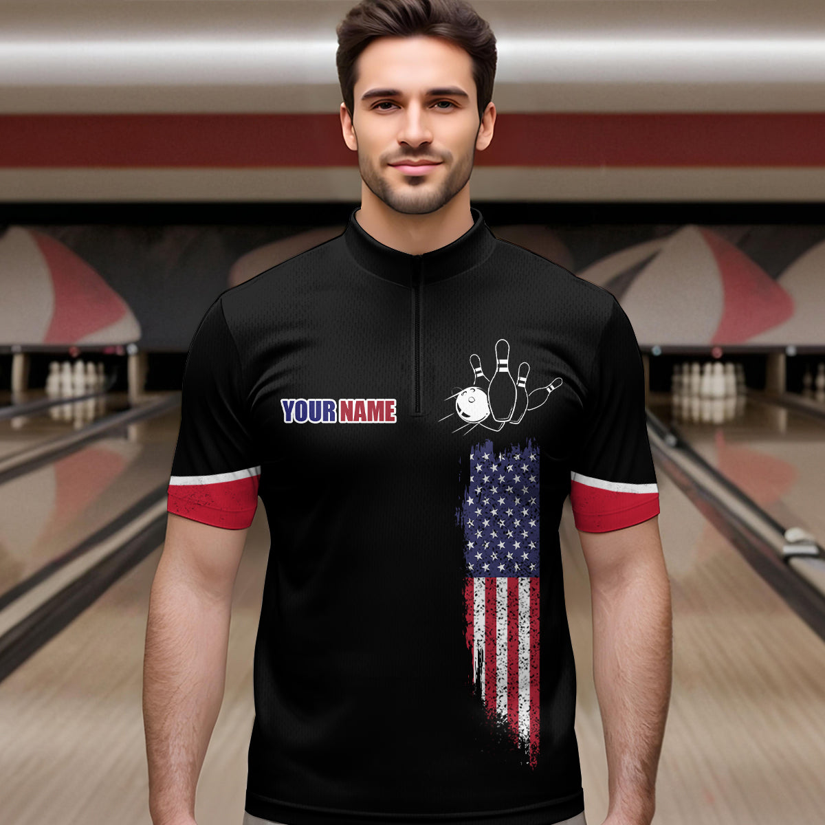 American Bowling Quarter-Zip Shirt For Men & Women Custom Eagle Bowling Team Jersey Black BDT539