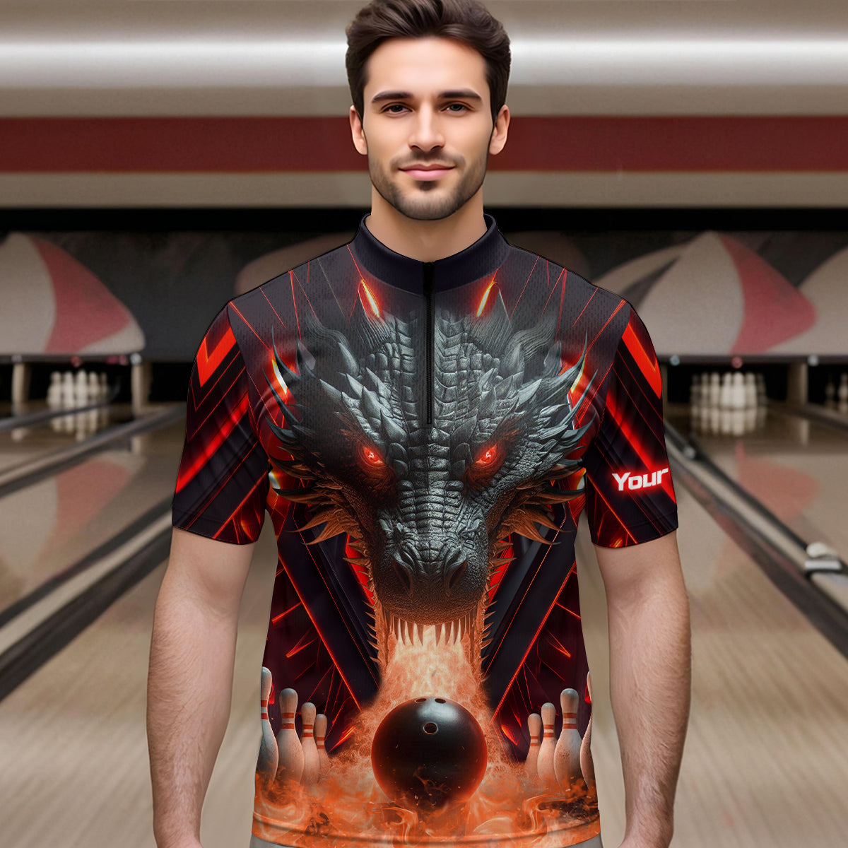 Red & Black Flame Dragon Bowling Shirt 1/4-Zip Bowling Team League for Men Women Bowling Gifts QZT668
