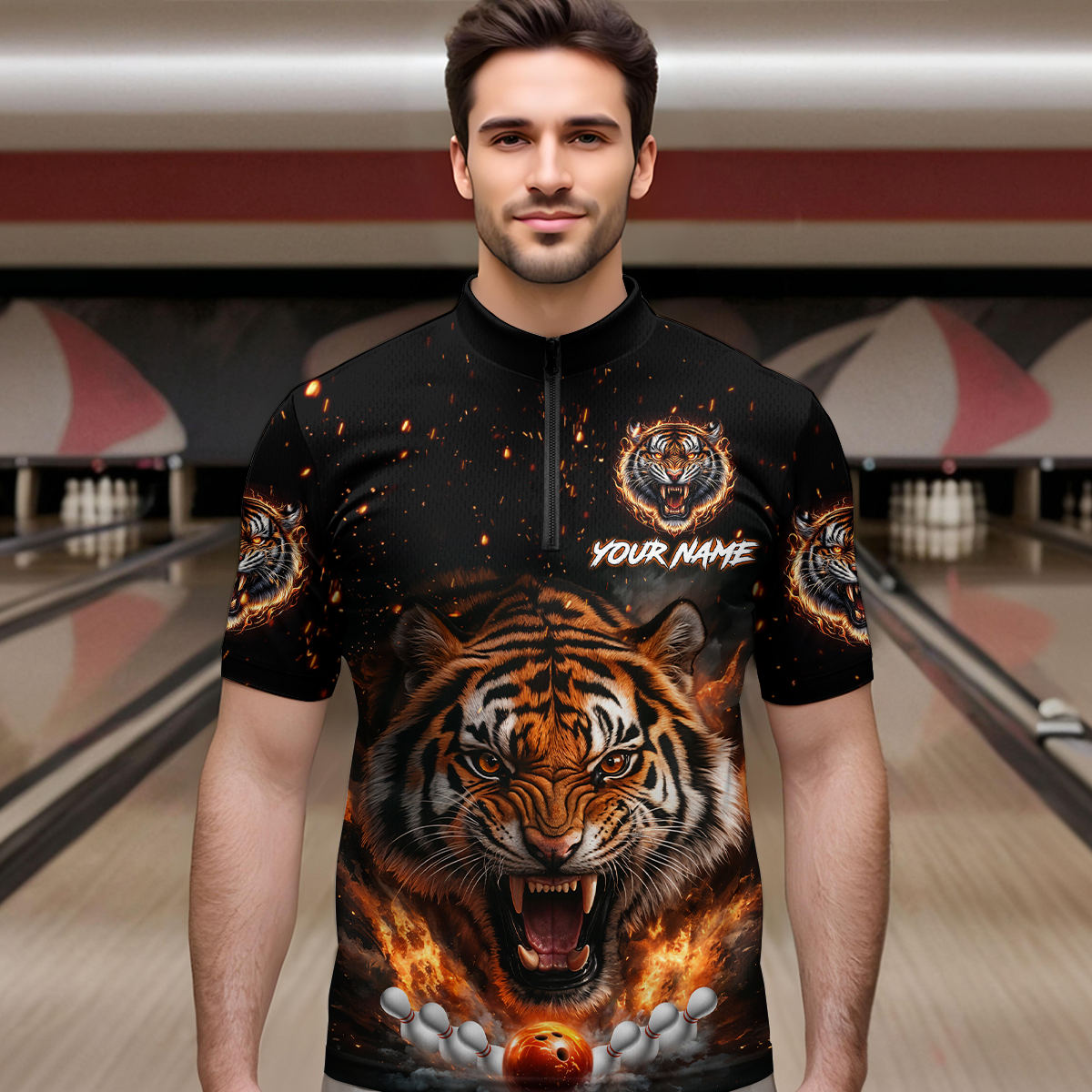 Custom Flame Tiger Bowling Shirt Orange Quarter Zip Bowling Jersey for Men and Women Gifts QZT639