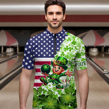 Load image into Gallery viewer, American flag St Patrick day shamrock pattern custom Team Bowling Polo, Quarter Zip shirt for Men NQS9581
