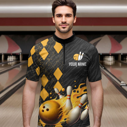 Flame Yellow Bowling Team Shirt Custom Bowling Jersey for Men Women Flame Quarter-Zip Shirt QZT679