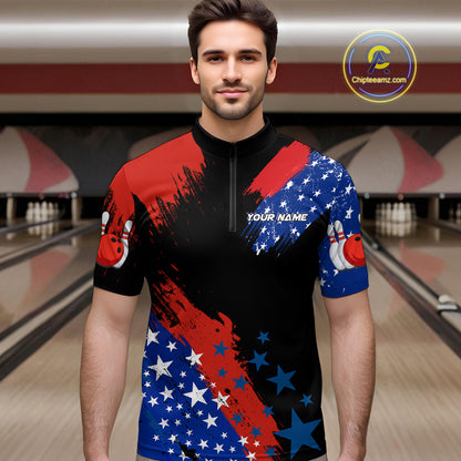 American Flag Bowling Shirt Personalized Patriotic Quarter-Zip Bowling Team League Gift for Bowlers QZT691