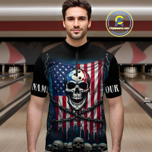 Load image into Gallery viewer, US Flag Skull Bowling Custom Men Bowling Shirt Polo &amp; Quarter-Zip Bowling Team Shirts HNT74