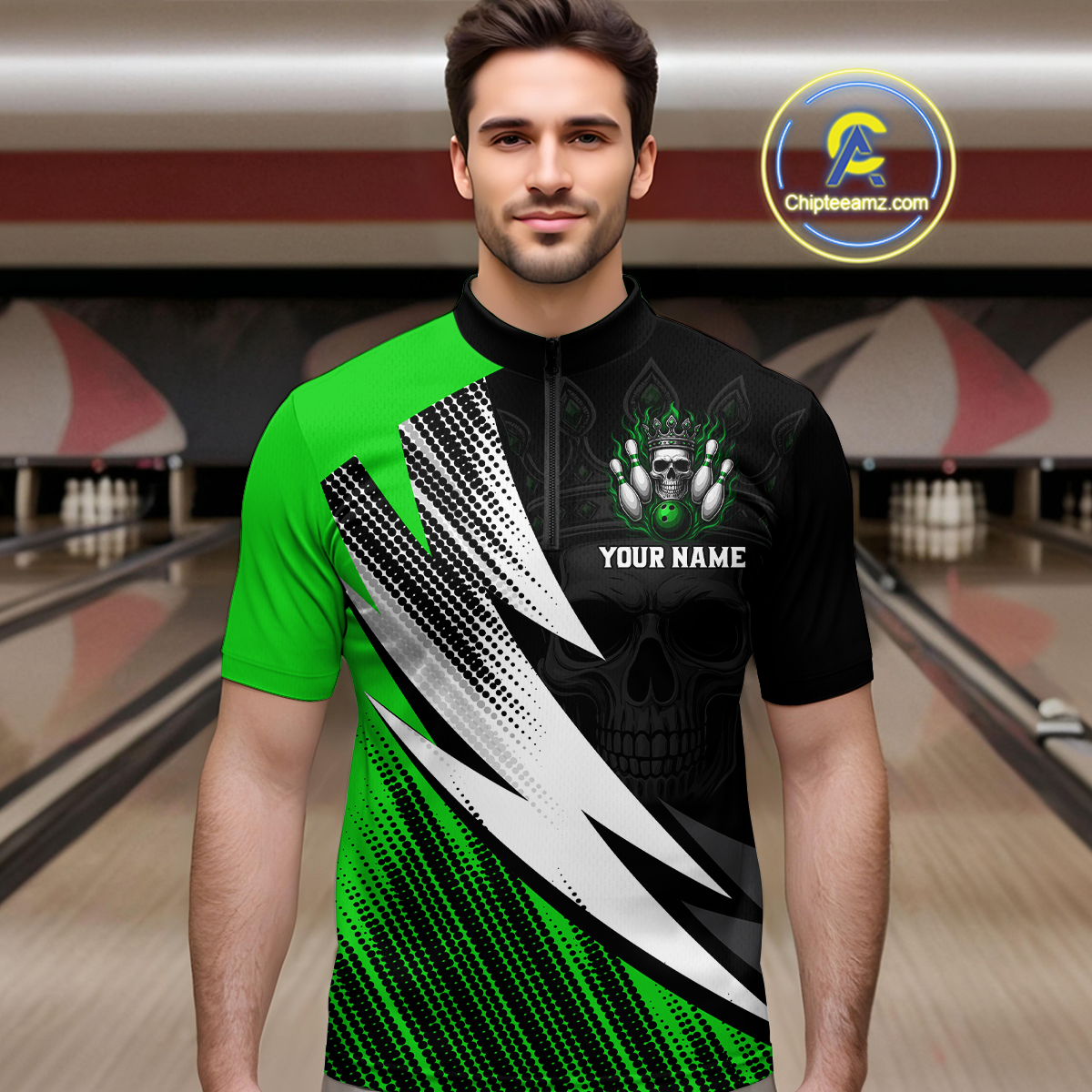 Green Skull Crown Bowling Custom Men Bowling Shirt Polo & Quarter-Zip Bowling Team Jerseys HNT65