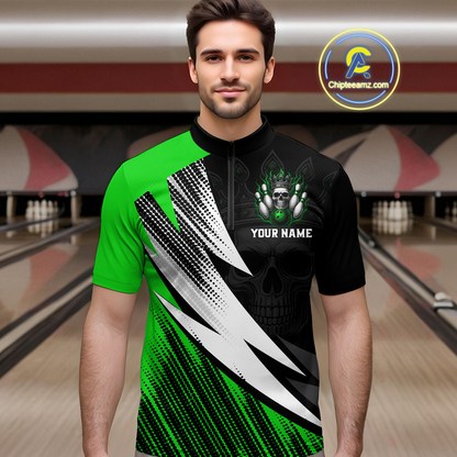 Green Skull Crown Bowling Custom Men Bowling Shirt Polo & Quarter-Zip Bowling Team Jerseys HNT65